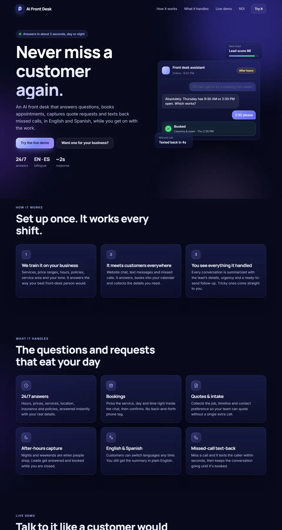 AI Front Desk sample site home page