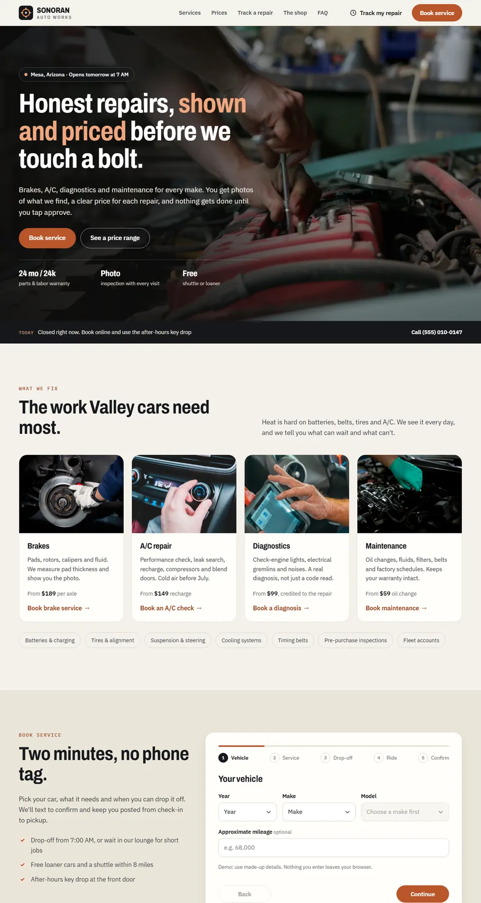 Sonoran Auto Works sample site home page
