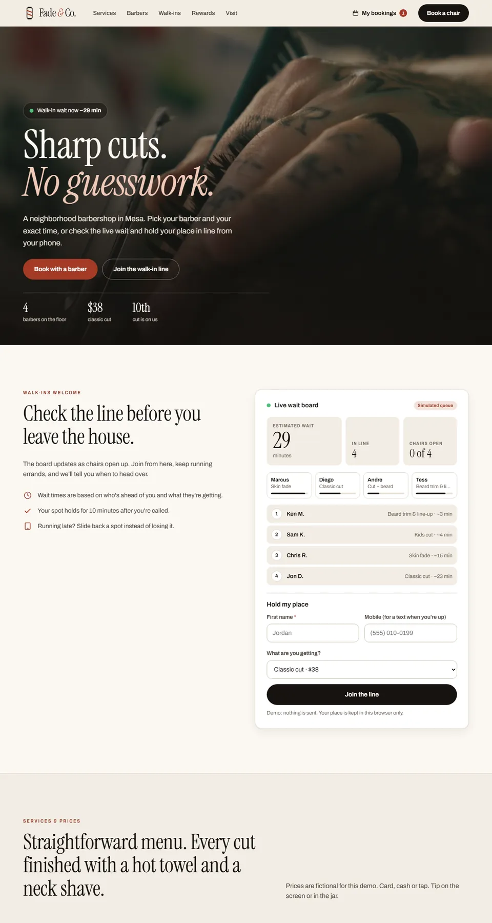 Fade & Co. Barbershop sample site home page