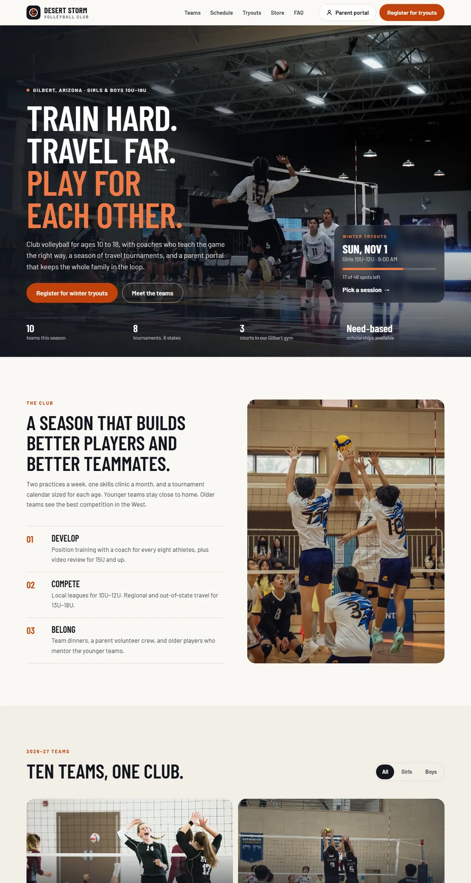 Desert Storm Volleyball Club sample site home page