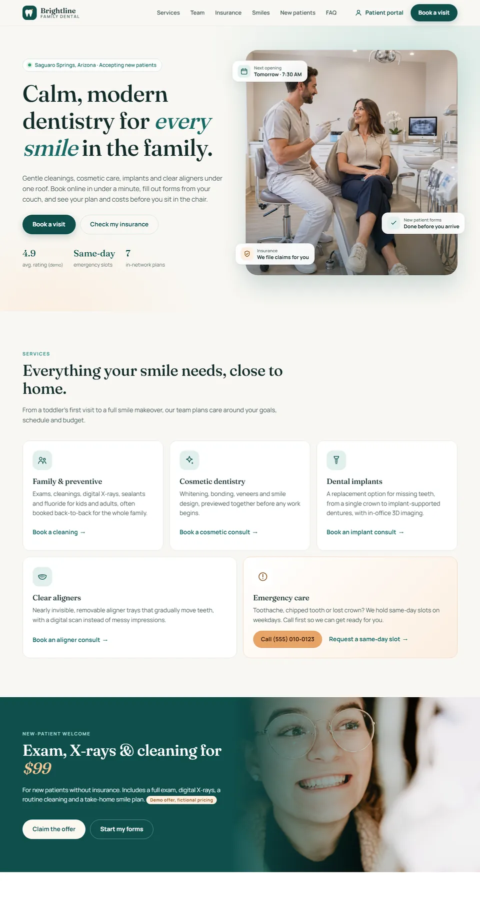Brightline Family Dental sample site home page