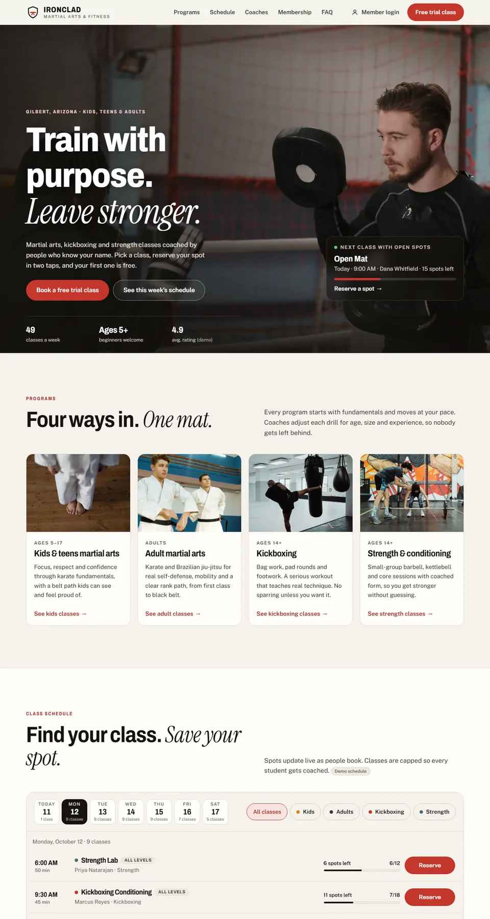 Ironclad Martial Arts & Fitness sample site home page