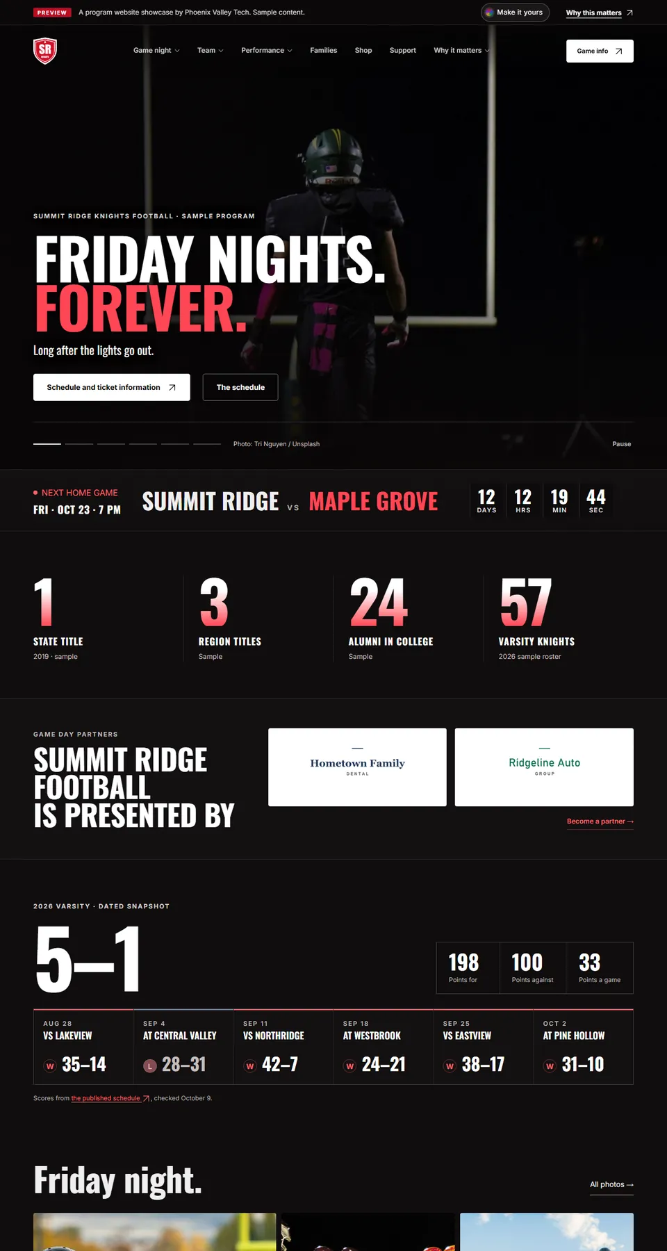Summit Ridge Football sample site home page