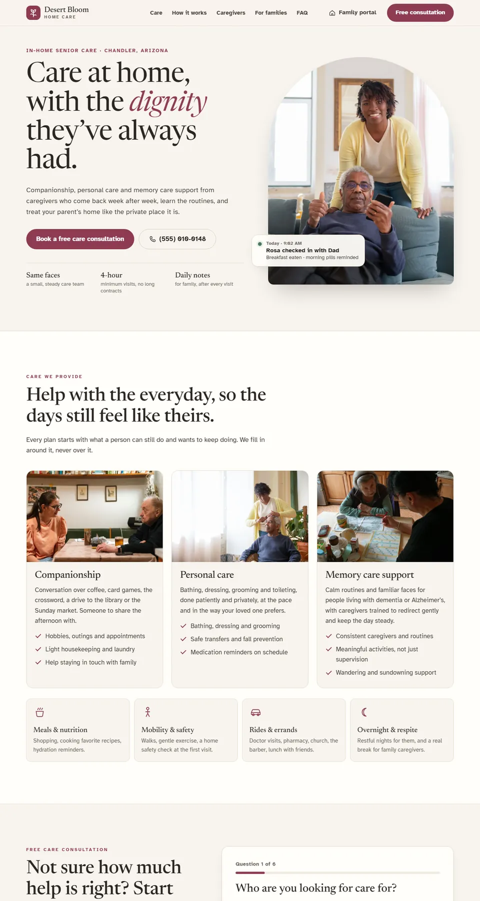 Desert Bloom Home Care sample site home page