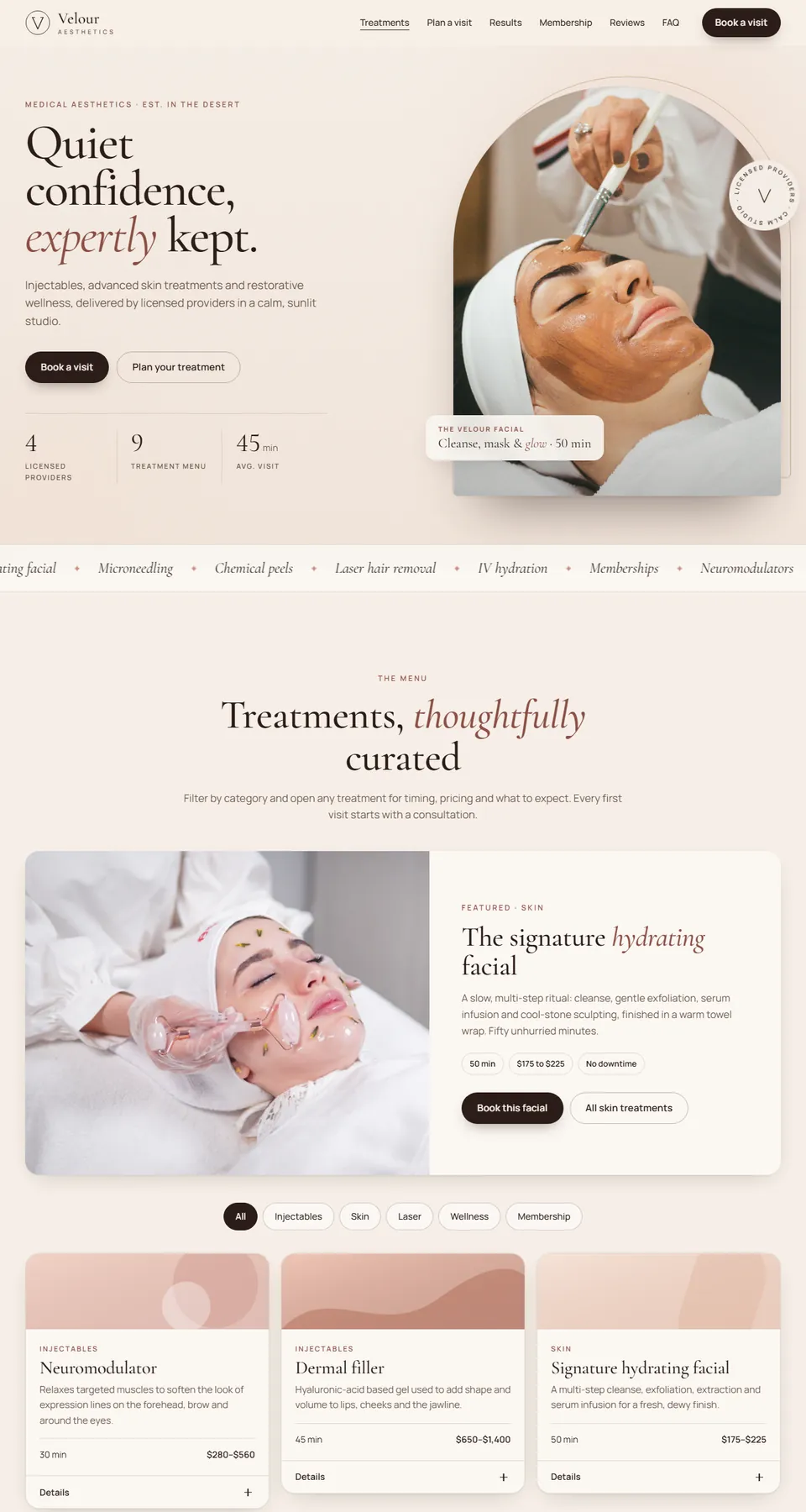Velour Aesthetics sample site home page