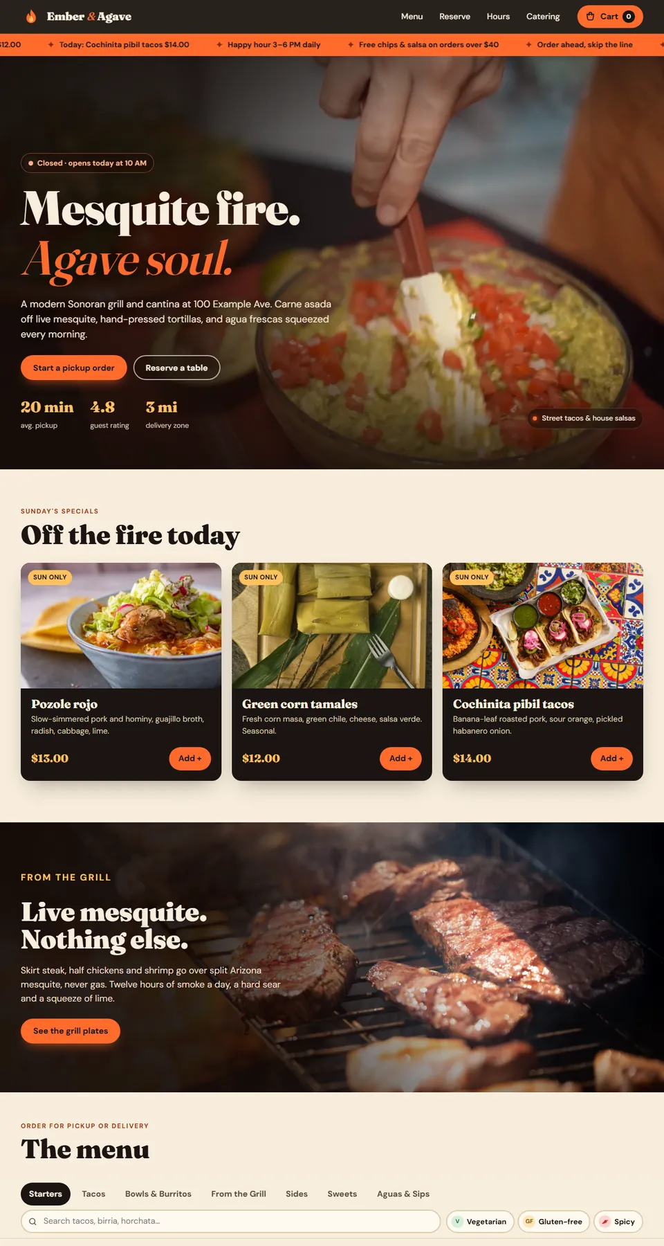 Ember & Agave sample site home page