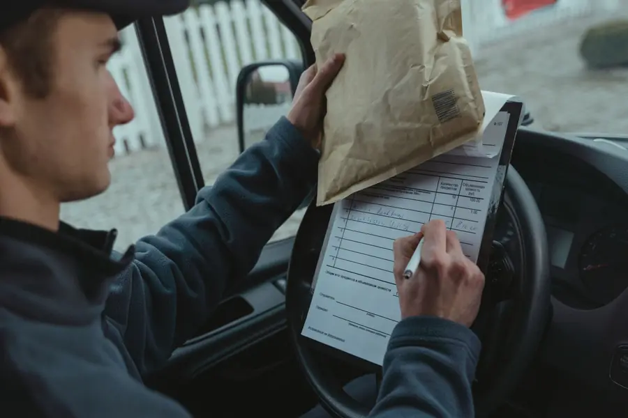 A delivery driver in the cab fills out a delivery form on a clipboard while holding a package.