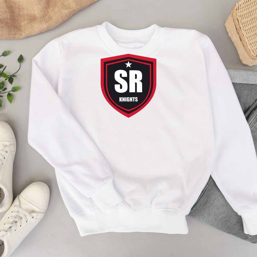 Champion Knights Crewneck in white with the Summit Ridge Knights design