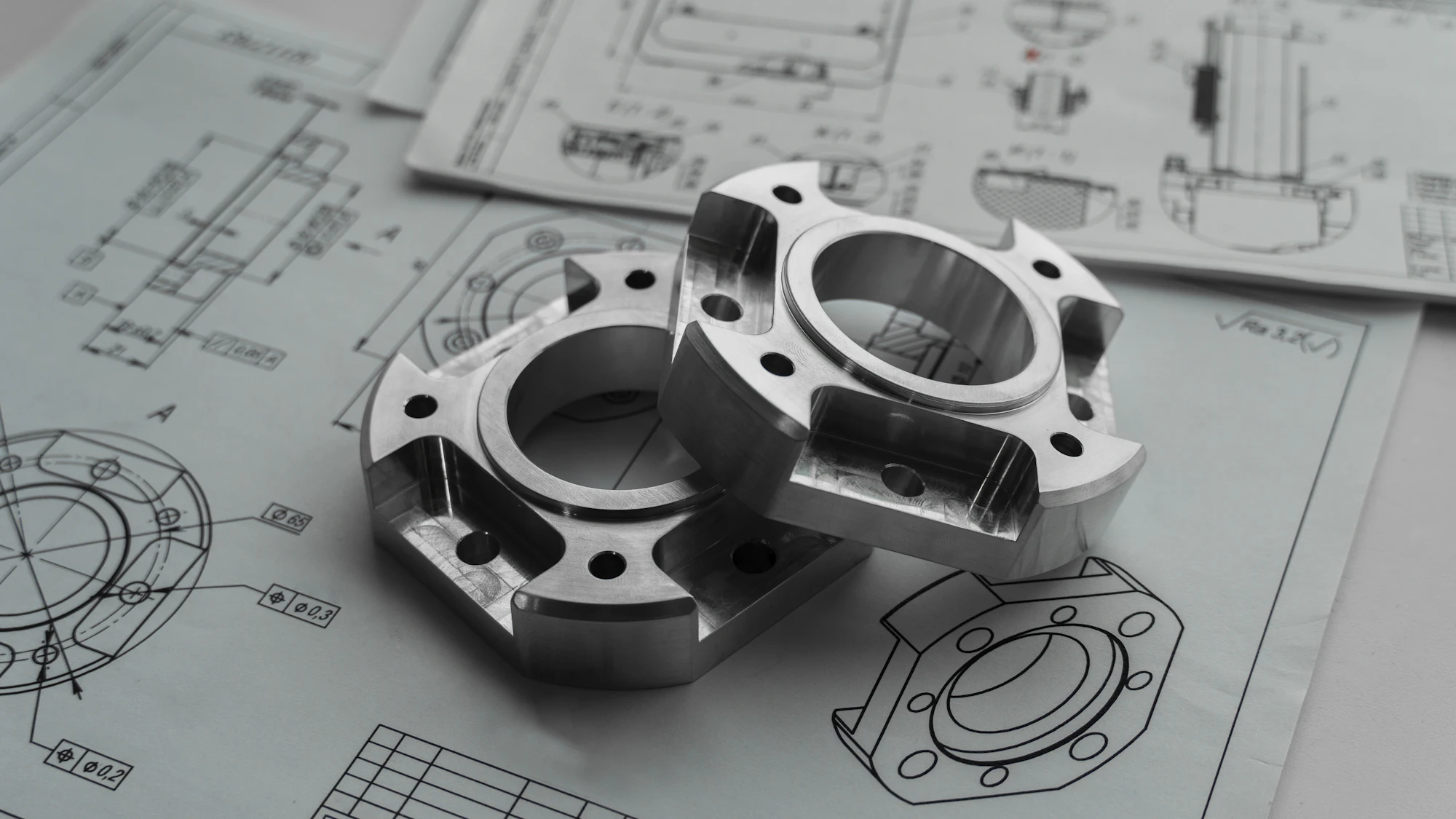 Two machined aluminum flanges resting on engineering drawings with dimension callouts